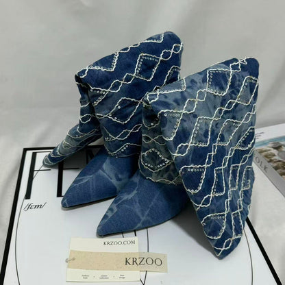 Dark Blue Chunky-Heel Cowboy Boots
