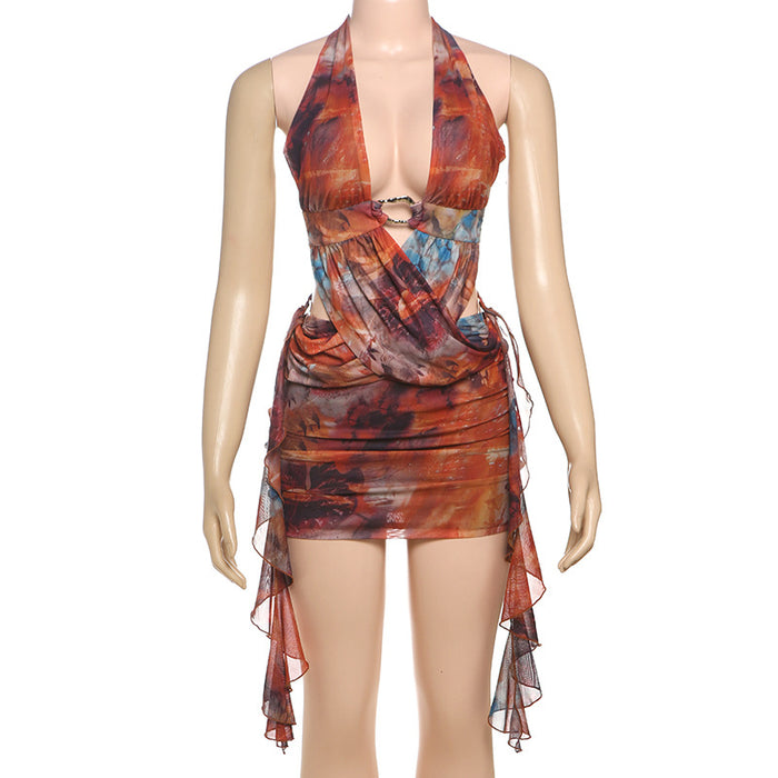 Deep V Neck Cutout Backless Sash Pattern Print Mini Dresses