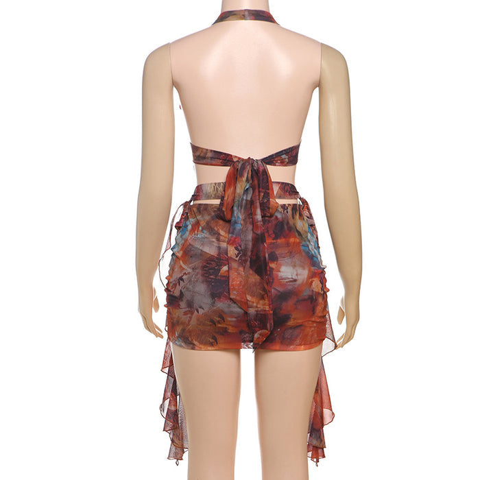 Deep V Neck Cutout Backless Sash Pattern Print Mini Dresses