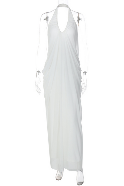 Deep V Neck Halter Ruched Solid Color Maxi Dresses-White
