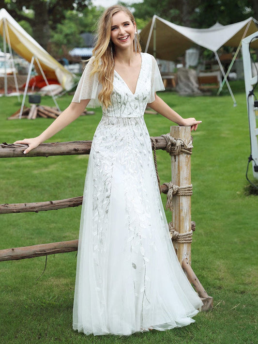 Deep V-Neck Leaf Sequin Tulle Short Sleeves Evening Dress