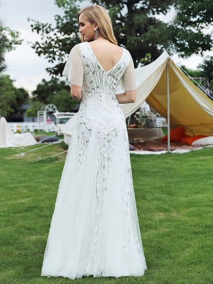 Deep V-Neck Leaf Sequin Tulle Short Sleeves Evening Dress