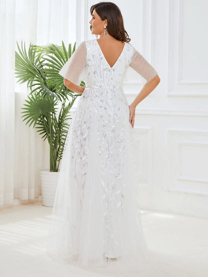 Deep V-Neck Leaf Sequin Tulle Short Sleeves Evening Dress