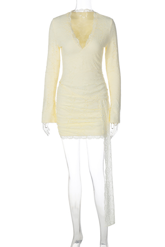Deep V Neck Long Sleeve Lace Ruched Bodycon Streamer Mini Dresses-Yellow