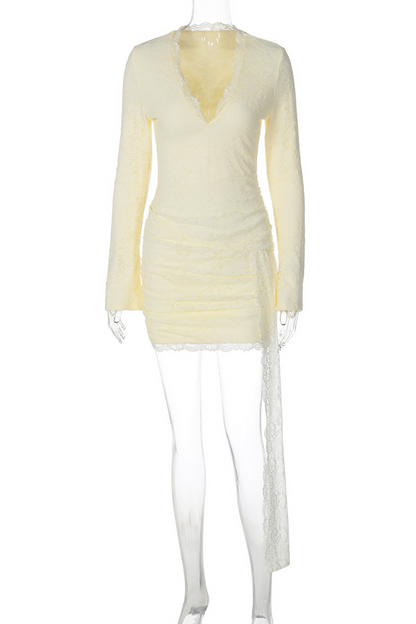 Deep V Neck Long Sleeve Lace Ruched Bodycon Streamer Mini Dresses-Yellow