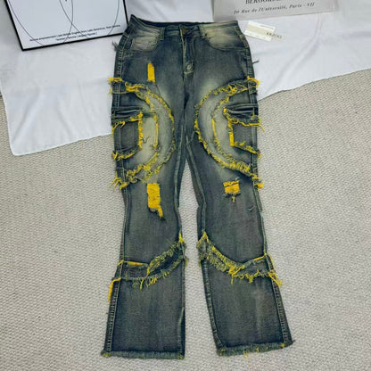 Distressed  Flared  Fringed Stretch Jeans