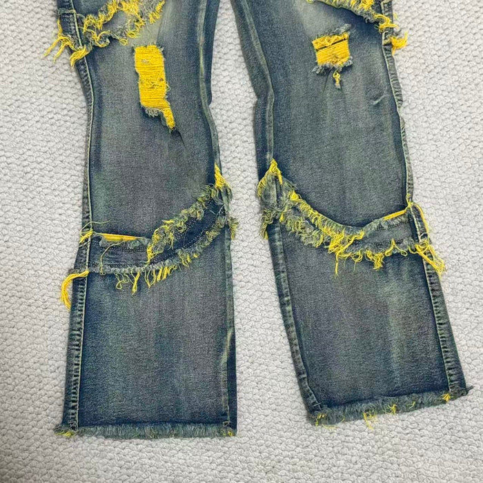 Distressed  Flared  Fringed Stretch Jeans