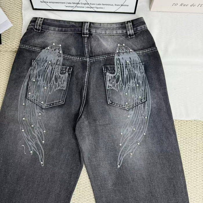 Distressed Gradient Wing Print Wide-Leg Pants