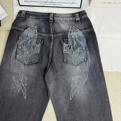 Distressed Gradient Wing Print Wide-Leg Pants
