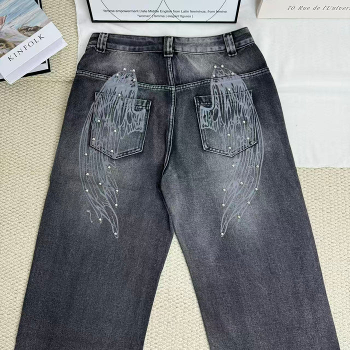 Distressed Gradient Wing Print Wide-Leg Pants