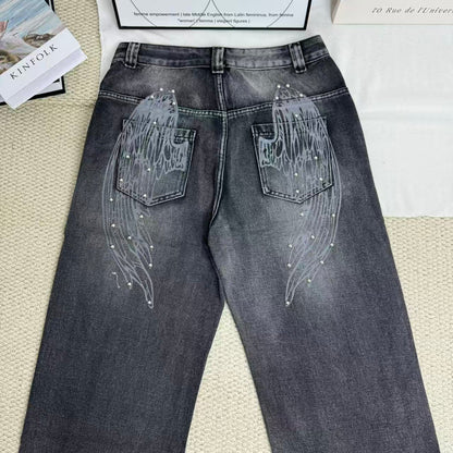 Distressed Gradient Wing Print Wide-Leg Pants
