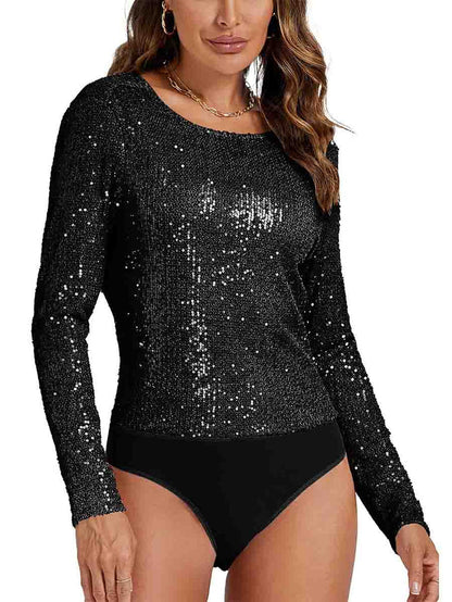 Draped Cowl Crew Neck Long Sleeve Black Sequin Bodysuit