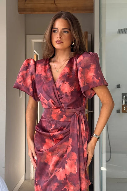 Drew Puff Sleeve Faux Wrap Midi Dress (Orange Marble)