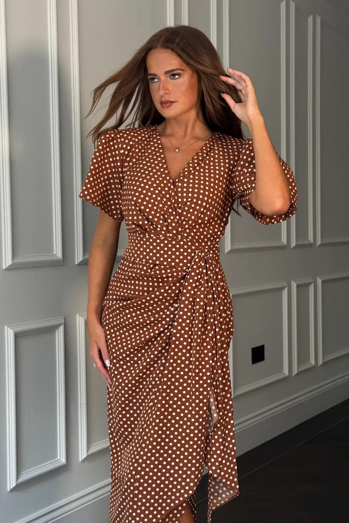 Drew Puff Sleeve Wrap Front Midi Dress (Brown)