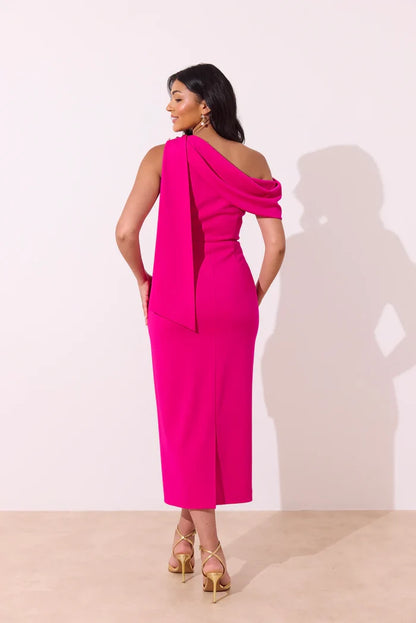 Eleni Drape Midi Dress (Fuchsia Pink)