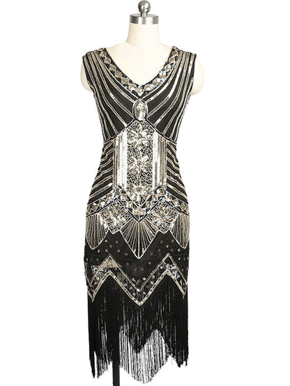 Embroidered 1920s Beaded Sequin Fringe Gown