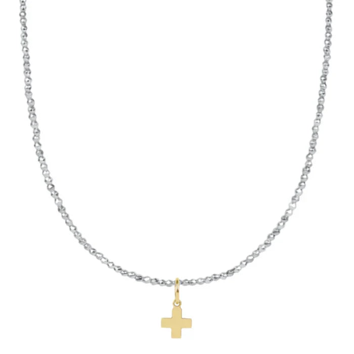 enewton 17" Choker Bright Silver Faceted Hematite 2mm Signature Cross Gold Charm