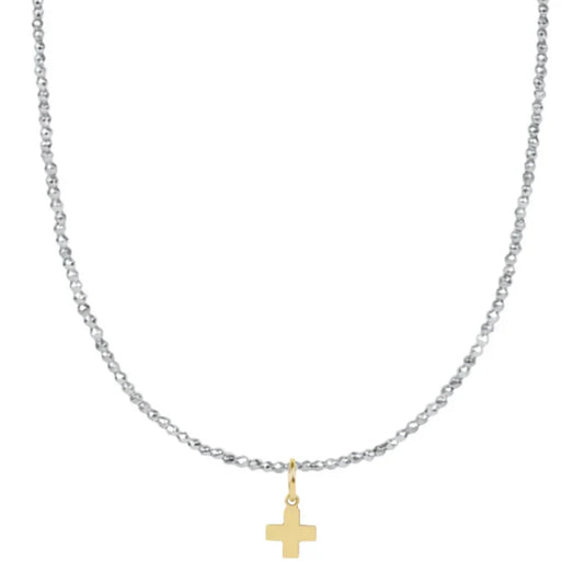 enewton 17" Choker Bright Silver Faceted Hematite 2mm Signature Cross Gold Charm