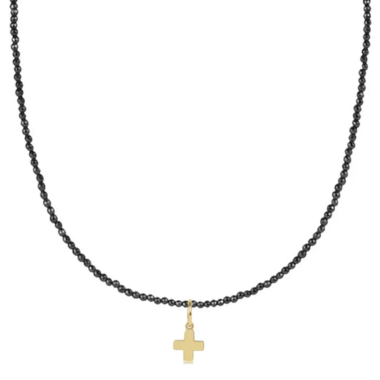 enewton 17" Choker Faceted Hematite 2mm Signature Cross Gold Charm