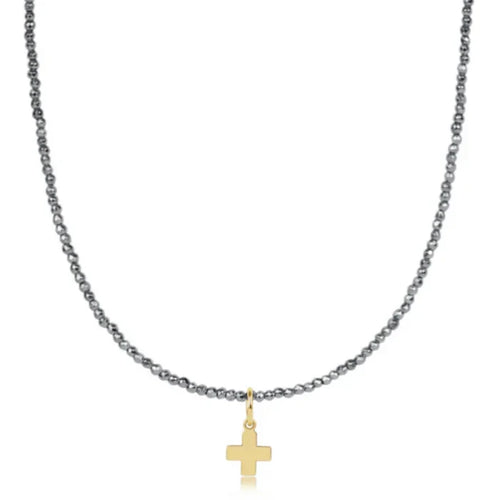 enewton 17" Choker Silver Faceted Hematite 2mm Signature Cross Gold Charm