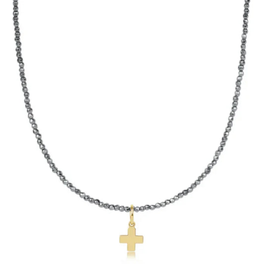 enewton 17" Choker Silver Faceted Hematite 2mm Signature Cross Gold Charm