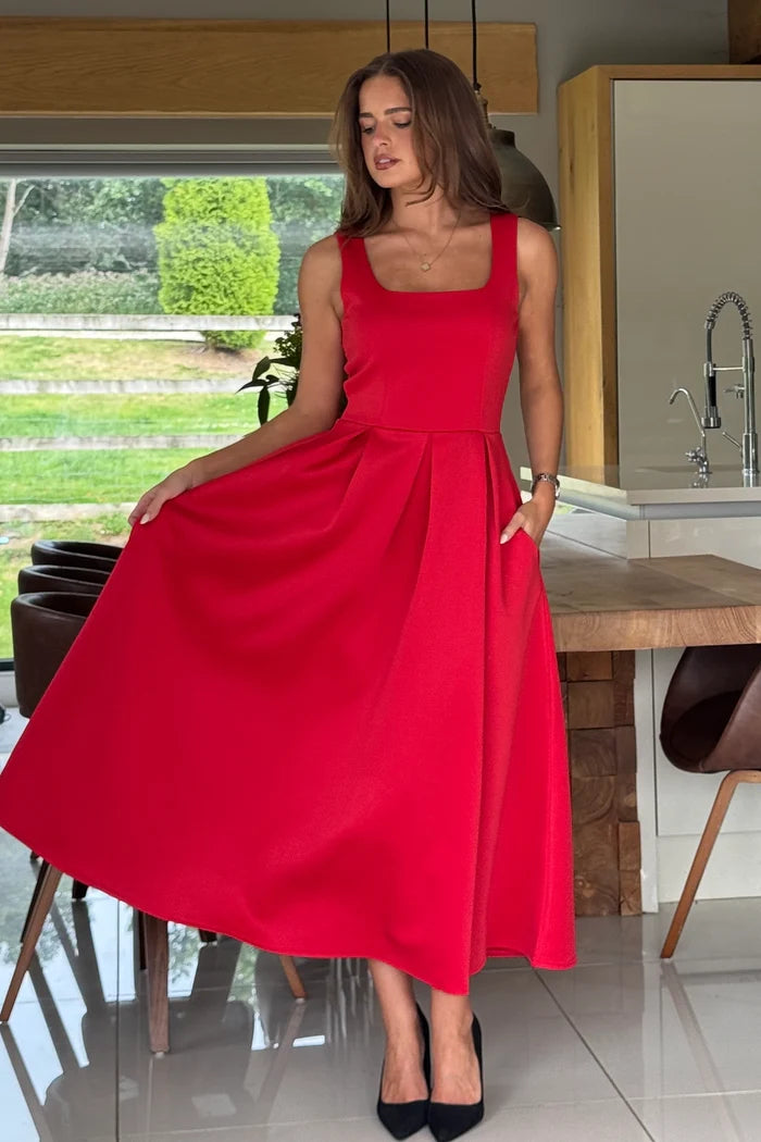 Erica Square Neck Pleated Midi Dress (Red)