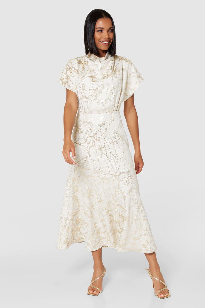 EVA ASYMMETRIC MIDI DRESS (CREAM/GOLD)