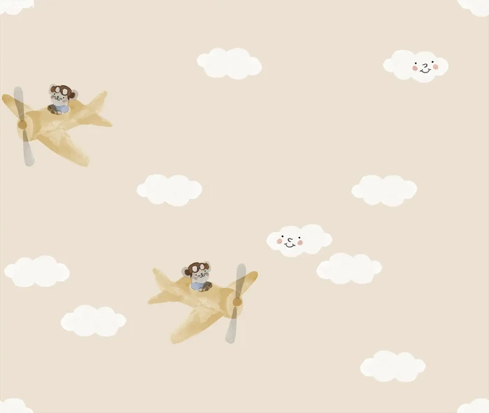 Fantasy Airplane Yellow on Sand - Family Fabrics B.V.