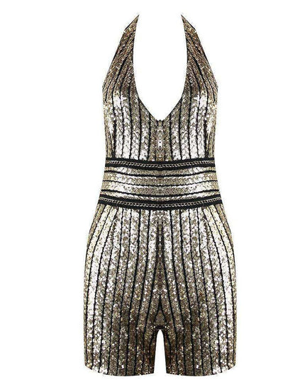Fashion V-Neck Belted Waist Sequin Jumpsuit