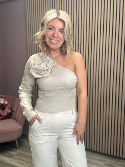 FLORA ONE SHOULDER TOP (CEMENT/BEIGE)