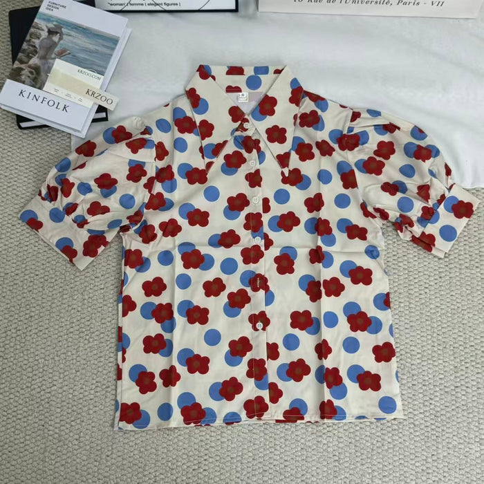 Floral print shirt with a baby doll collar