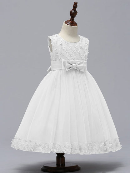 Flower Adorned Sheer Flower Girl Dress with Butterfly Bows