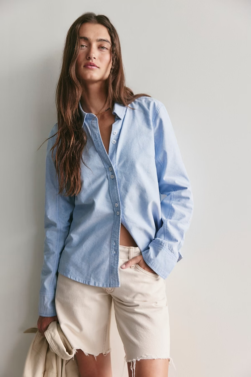 Free People Benny Slim Oxford Shirt in Blue Combo