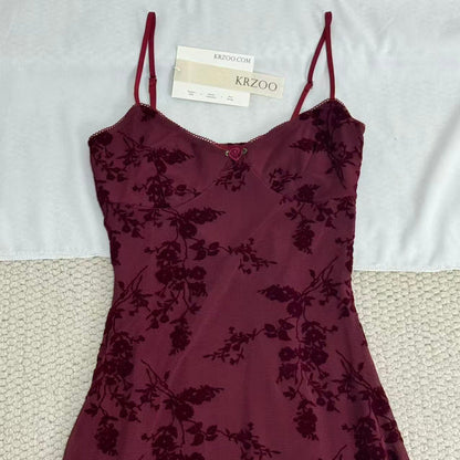 French-style retro flocking printed halter dress