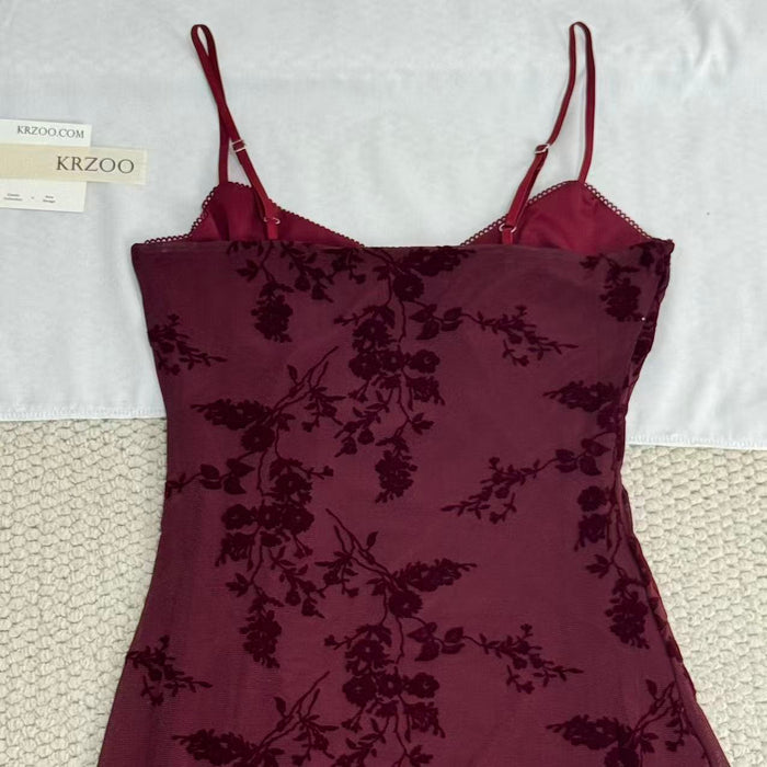 French-style retro flocking printed halter dress