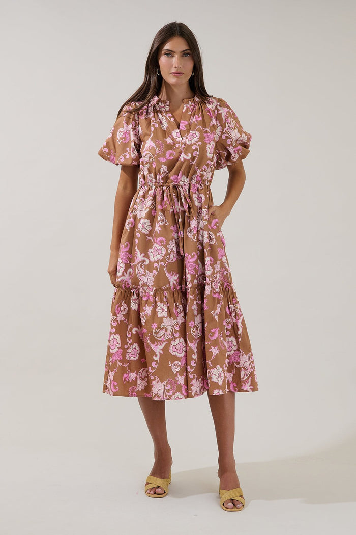 Ginny Bubble Sleeve Midi Dress in Brown