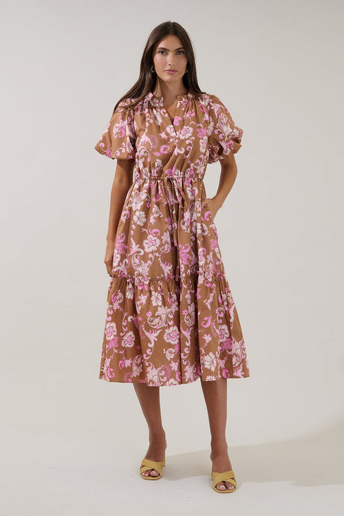 Ginny Bubble Sleeve Midi Dress in Brown