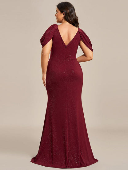 Glittering Plus Size Cold Shoulder Evening Gown with Shimmering Belt