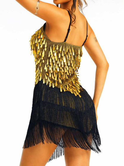 Gold Sequin Black Tassel Dress