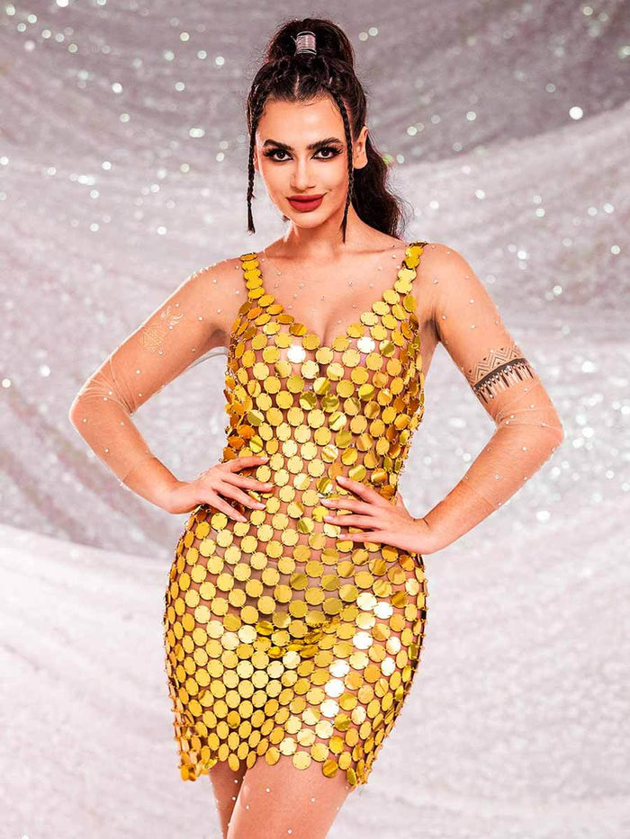 Gold Sequin Mini Shift Dress