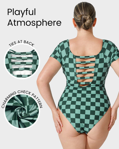 Green Check Short Sleeve Modest One-Piece Swimsuit
