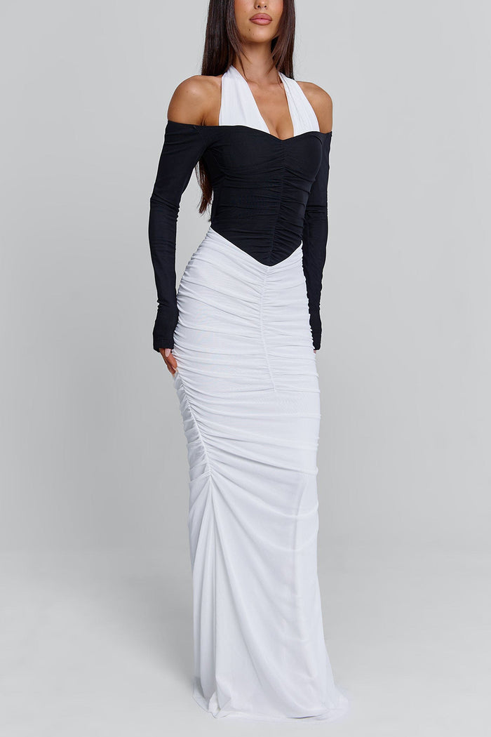 Halter Cinch Waist Ruched Bodycon Party Maxi Dresses-White Pre Order
