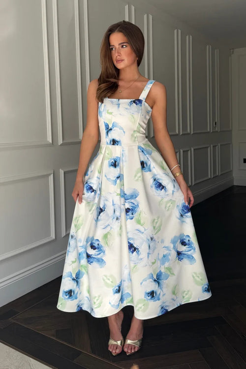 Heather Floral Pleated Skirt Dress (Blue)