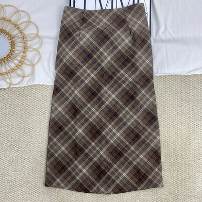 High-Waisted Plaid Wool Midi Skirt