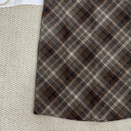 High-Waisted Plaid Wool Midi Skirt