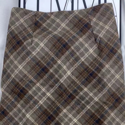 High-Waisted Plaid Wool Midi Skirt