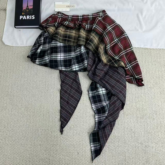 Irregular color-matched plaid half-length skirt