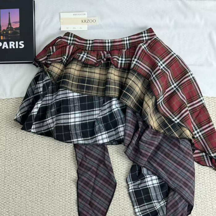 Irregular color-matched plaid half-length skirt