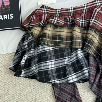 Irregular color-matched plaid half-length skirt