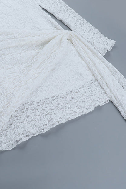 Jacquard Lace Round Neck Long Sleeve Long Sash Slim Fit Mini Dresses-White